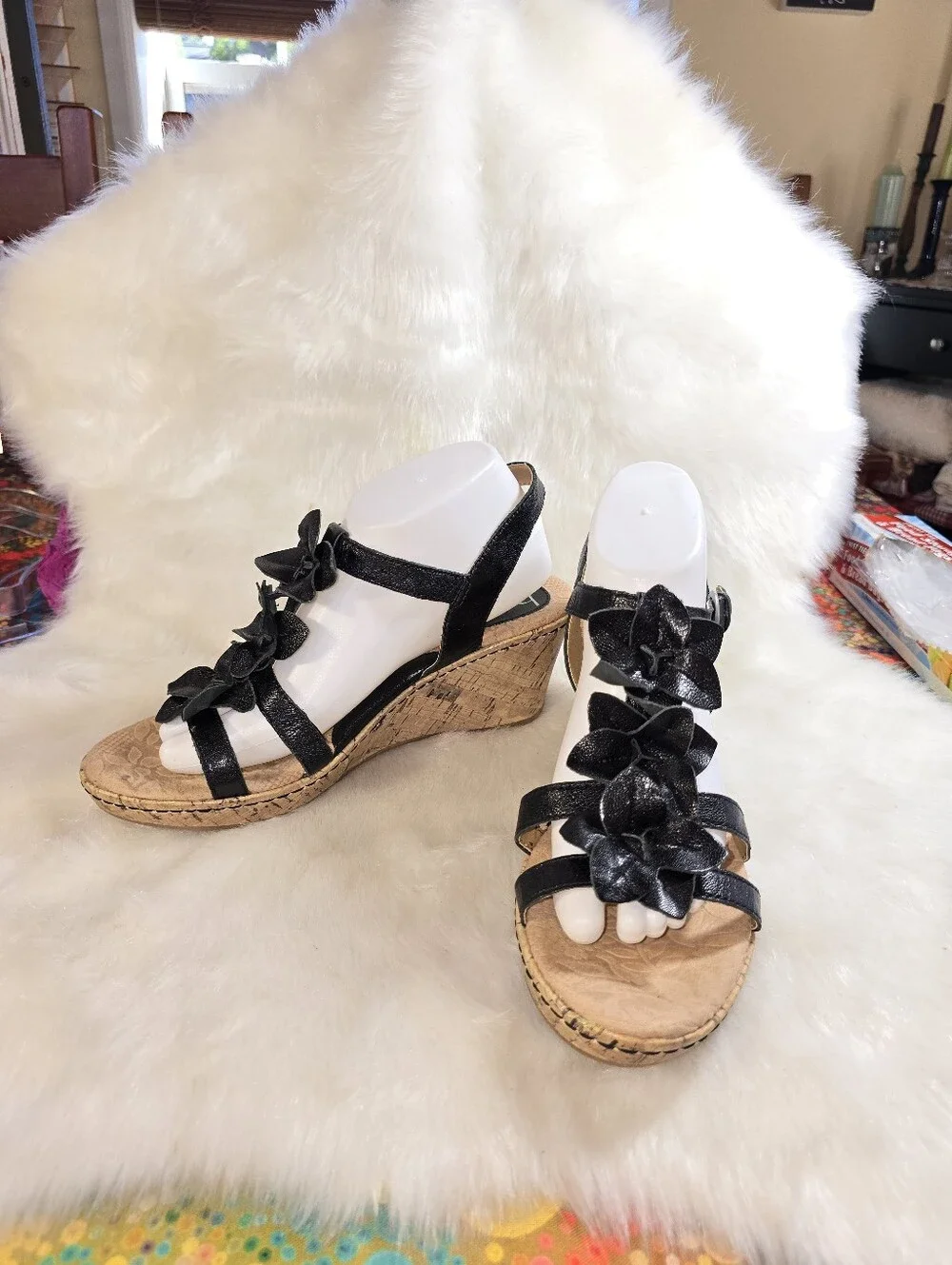 BOC Women's Black Floral Cork Wedge Sandals